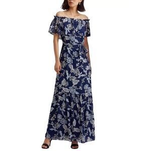 Lauren Ralph Lauren Navy Floral Off-the-Shoulder Tiered Chiffon Maxi Dress Sz. 6